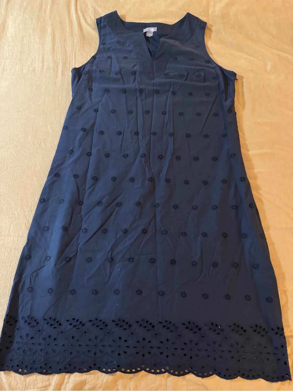 Laura Scott Cotton Navy Sleeveless Eyelet Scallop Hem Midi Dress Size 14